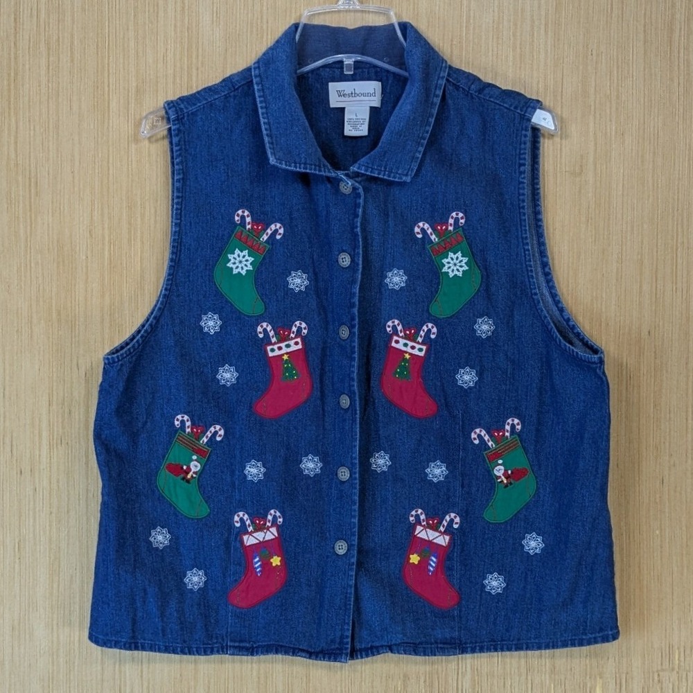 Westbound Womens Denim Christmas Stocking Embroidered Cotton Vest‎ Size L Blue